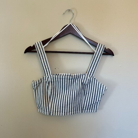 NWT Zara Denim Crop Top White Blue Striped Side Zipper Size Medium - Picture 1 of 15